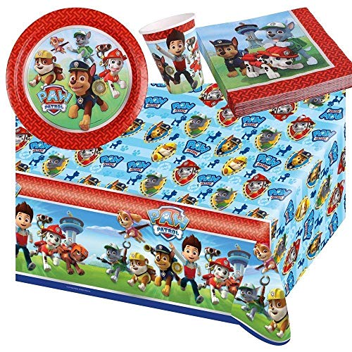 Lote de Cubiertos Infantiles"Patrulla Canina" (16 Vasos, 16 Platos, 16 Servilletas, 1 Mantel,1 Guirnalda, 4 Velas y 1 Piñata .Vajillas.Juguetes de Cumpleaños, Bodas, Bautizos, Comuniones. L16