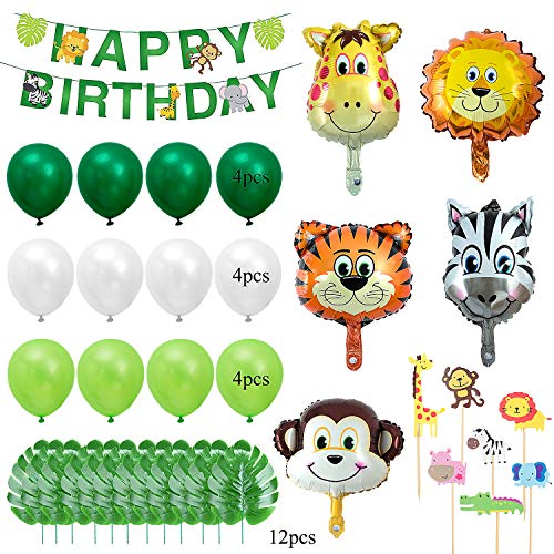 Maojuee Selva Fiesta de Cumpleaños Decoracion de Fiesta 37 Piezas de Animales, Feliz cumpleaños, Adornos para Pasteles, Hojas Tropicales, Globos de Látex y Globos de Látex para la Fiesta Temática