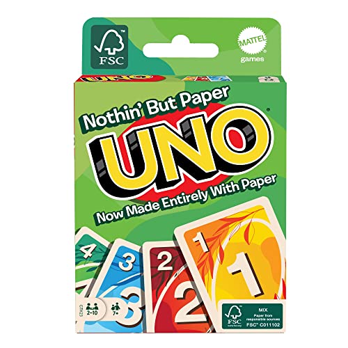 Mattel Games UNO versión Eco-Sostenible, Juego de Cartas de Material 100% reciclable, Regalo 7 años GTH23, Mult