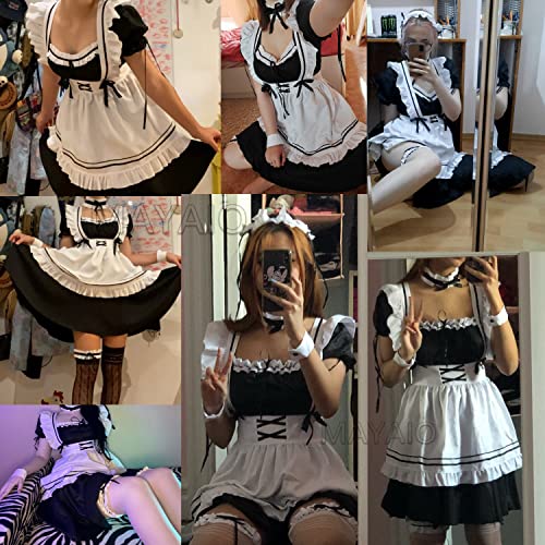 MAYAIO Anime francés Sissy Maid Delantal Lolita Fancy Dress Uniforme Cosplay Disfraz Peludo Gato Oreja Guantes Calcetines Conjunto Completo (Grande, Negro)