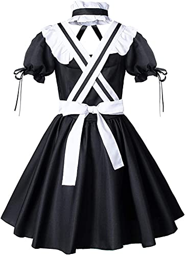 MAYAIO Anime francés Sissy Maid Delantal Lolita Fancy Dress Uniforme Cosplay Disfraz Peludo Gato Oreja Guantes Calcetines Conjunto Completo (Grande, Negro)
