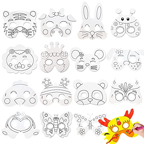 MEZHEN Máscara Blanca para Pintar Mascara Animales Máscaras para Niños Cumpleaños Decoración Fiesta Halloween Navidad 16 Pieza