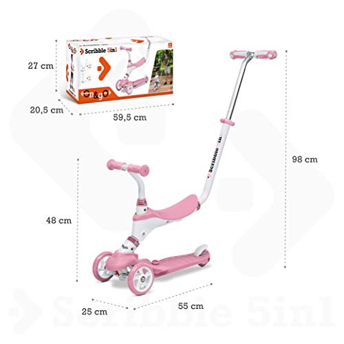 Mondo On&Go - Scribble Patinete para niños 5 en 1 - Patinete con Asiento, Pedales de Goma Suave y Grande Scooter de 3 Ruedas para niños - Edad de 1 a 5 años - MAX 50 kg - Color Rosa - 28575