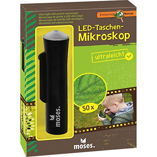 moses. Verlag GmbH 9788 ultraligeras Linterna LED Microscopio Expedition Natural, 50 aumentos de | Fácil de Usar, Negro