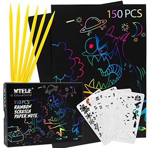 Mtele Scratch Art Paper para Niños 150 Hojas Manualidades niños 6 años, Manualidades Rascar Set para Arte y Pinturas Infantiles Hechas a Mano, Incluye 6 lápices de Madera, 4 Plantillas de Dibujo