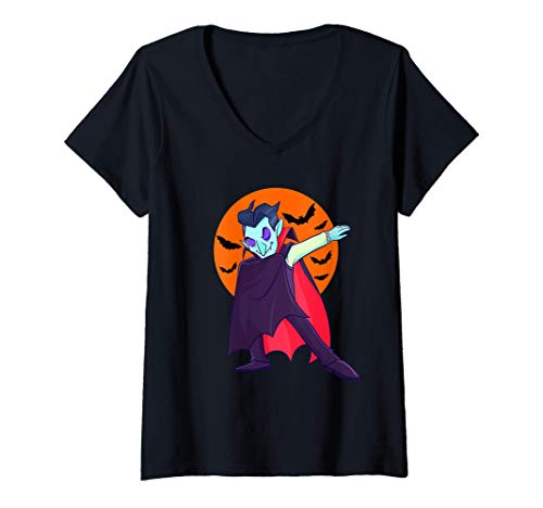 Mujer Dabbing Halloween Vampiro Bat Drácula Amante de la Danza Camiseta Cuello V