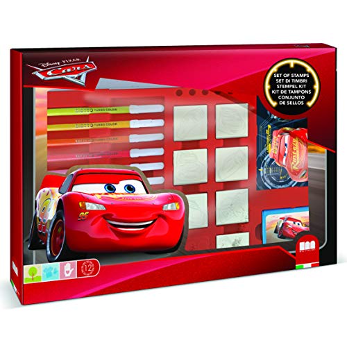 Multiprint Maxi Valija 7 Sellos para Niños Disney Cars, 100% Made in Italy, Set Sellos Niños Persolanizados, en Madera y Caucho Natural, Tinta Lavable no Tóxica, Idea de Regalo, Art.04823