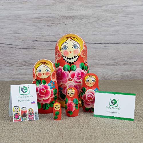 Muñecas Rusas, 5 Matrioskas de Estilo Rosas | Muñeca Babushka de Madera, Diseño Rosas Color Rosa, Hecha a Mano en Rusia | Rosas, 5 Piezas, 18 cm