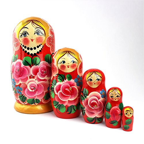 Muñecas Rusas, 5 Matrioskas de Estilo Rosas | Muñeca Babushka de Madera, Diseño Rosas Color Rosa, Hecha a Mano en Rusia | Rosas, 5 Piezas, 18 cm