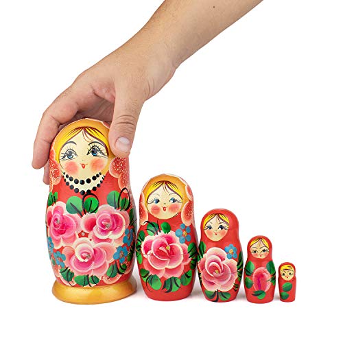 Muñecas Rusas, 5 Matrioskas de Estilo Rosas | Muñeca Babushka de Madera, Diseño Rosas Color Rosa, Hecha a Mano en Rusia | Rosas, 5 Piezas, 18 cm