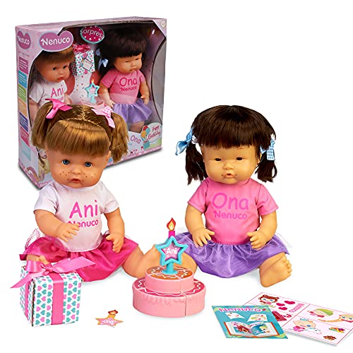 Nenuco - Ani y Ona Feliz Cumpleaños, kit de dos muñecas bebé nenuco hermanas, con tarta para jugar, regalo de cumpleaños libro de colorear y pegatinas, para niñas y niños 3 años, Famosa (700016939)