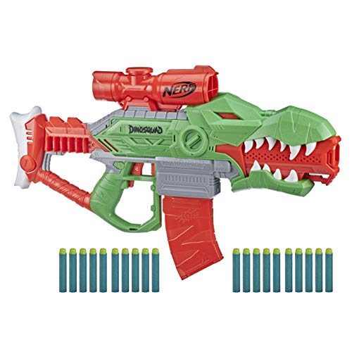 Nerf Lanzador de Dardos motorizado DinoSquad Rex-Rampage, Clip de 10 Dardos, 20 Dardos, Porta-Dardos de 10 Dardos, diseño de dinosario T-Rex