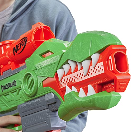 Nerf Lanzador de Dardos motorizado DinoSquad Rex-Rampage, Clip de 10 Dardos, 20 Dardos, Porta-Dardos de 10 Dardos, diseño de dinosario T-Rex