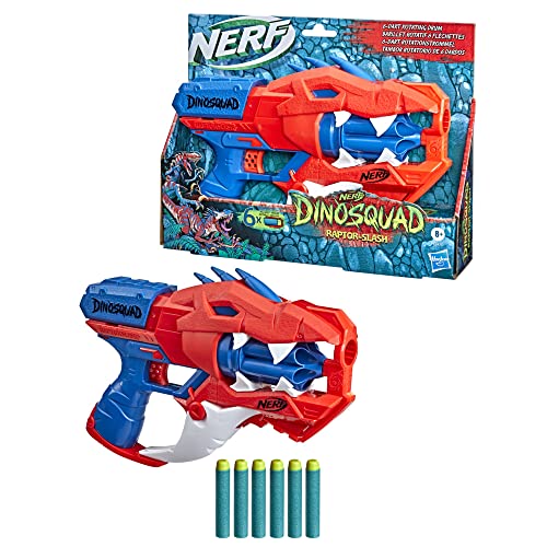 Nerf Lanzador DinoSquad Raptor-Slash - Tambor Giratorio de 6 Dardos, Modo ráfaga, 6 Dardos Diseño de Velociraptor