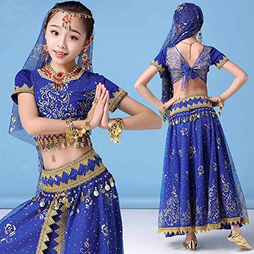 Niña 8 Piezas Conjunto de Trajes de Danza del Vientre India Disfraz Bollywood Outfits Traje Carnaval Profesional Disfraz Baile Top + Falda con Lentejuelas Cuentas y Monedas Azul(8PCS) XL