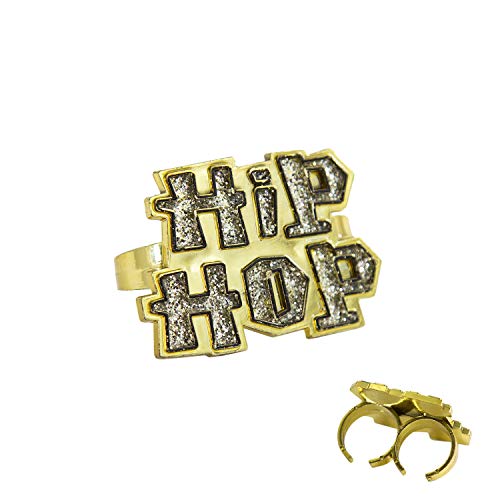 Oblique Unique® Anillo dorado hip hop con efecto brillante, joya para disfraz de hip hopper, rapero, carnaval, fiesta temática