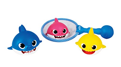 ODS 48822 Baby Shark - Juego de 3 Tiburones con Red para baño, Color Azul, Rosa, Amarillo y Blanco