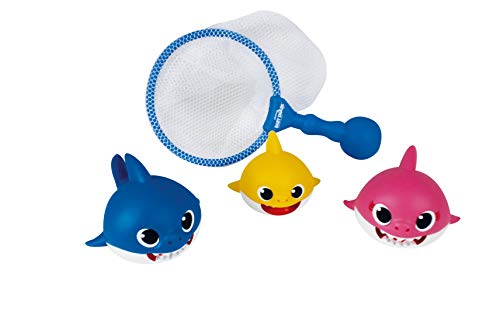 ODS 48822 Baby Shark - Juego de 3 Tiburones con Red para baño, Color Azul, Rosa, Amarillo y Blanco