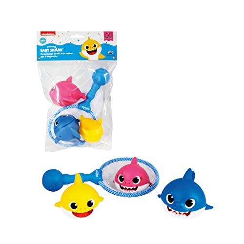 ODS 48822 Baby Shark - Juego de 3 Tiburones con Red para baño, Color Azul, Rosa, Amarillo y Blanco