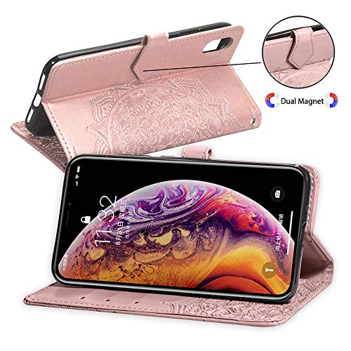 Oihxse Funda con iPhone 12 Mini 5.4'' 2020, Cuero PU Billetera Cierre Magnético Flip Libro Folio Tapa Carcasa Relieve Soporte Plegable Ranuras para Tarjetas Protección Caso(Oro Rosa)