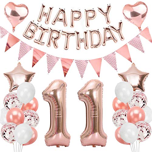 Ouceanwin 11 Cumpleaños Decoraciones Oro Rosa, Globos Numeros Gigante 11, Bandera de Globos Happy Birthday, Globos de Confeti, 11 años Fiesta de Cumpleaños Kit para Niñas y Mujeres