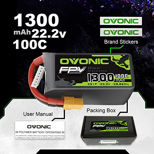 OVONIC FPV 6S Lipo Batería 1300mAh 100C 22.2V Lipo con Conector XT60 para RC Avión RC Heli FPV Quadcopter Racing RC Quadcopter Drone DIY Hobby