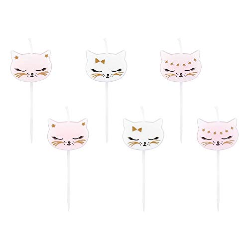 Partydeco - Juego de 6 Velas con Forma de Gato, Color Blanco y Rosa