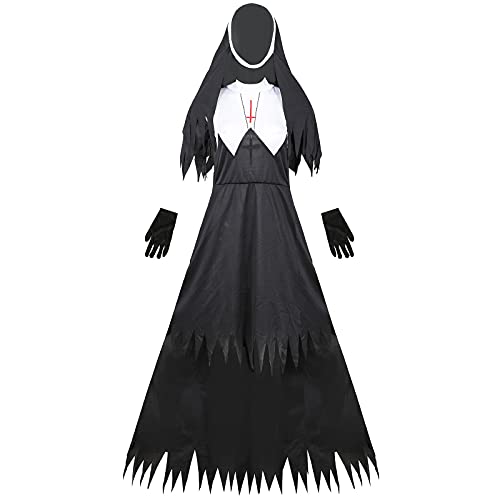 PEKLOKIW Disfraz de Halloween para mujer, disfraz de fiesta de terror, disfraz de monja de infierno, juego de uniforme de monja mala, Negro , L