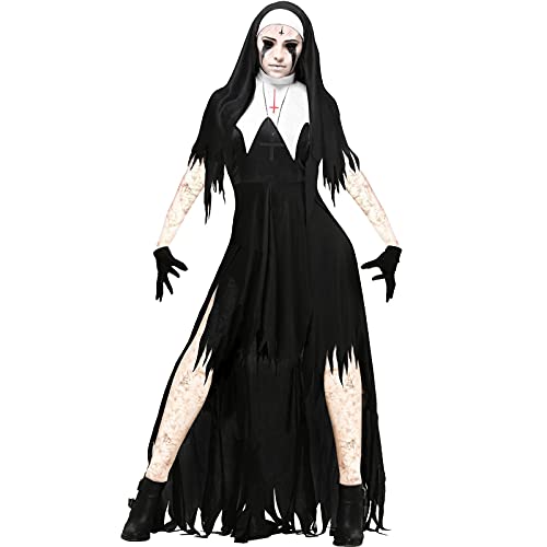 PEKLOKIW Disfraz de Halloween para mujer, disfraz de fiesta de terror, disfraz de monja de infierno, juego de uniforme de monja mala, Negro , L