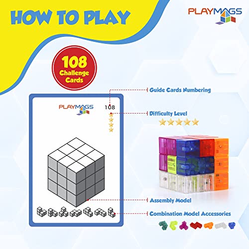 Playmags Brainy Cube con Las Tarjetas de desafío de Cubo Branely, Bloques de construcción para jugadas de Extremo Abierto Creativo, Juguetes educativos para niños de 3 años +