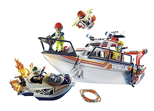 PLAYMOBIL City Action 70140 Rescate marítimo: Operativo de extinción de Incendios con Barco de Rescate, Juguetes para niños a partir de 4 años