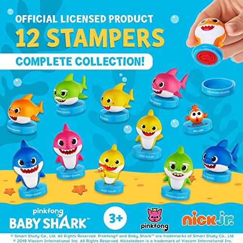 PMI Sellos Baby Shark, Paquete de 5, Sellos de Baby Shark (tiburón bebé) con Tinta incorporada, Figuras para Decorar Fiestas, Tartas, 6 cm, PVC Suave (Deluxe - A)