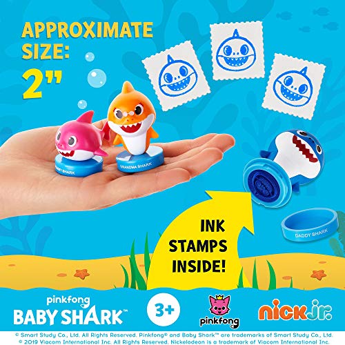 PMI Sellos Baby Shark, Paquete de 5, Sellos de Baby Shark (tiburón bebé) con Tinta incorporada, Figuras para Decorar Fiestas, Tartas, 6 cm, PVC Suave (Deluxe - A)