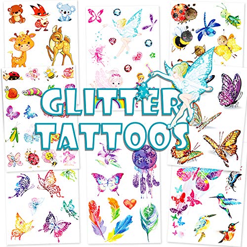 Qpout Glitter tatuajes temporales para niños, ciervos de dibujos animados hada mariposa abeja tatuaje temporal animales zoo tatuajes para niñas niños fiesta de cumpleaños fiesta regalo decoración