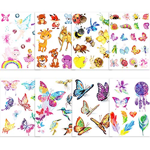 Qpout Glitter tatuajes temporales para niños, ciervos de dibujos animados hada mariposa abeja tatuaje temporal animales zoo tatuajes para niñas niños fiesta de cumpleaños fiesta regalo decoración