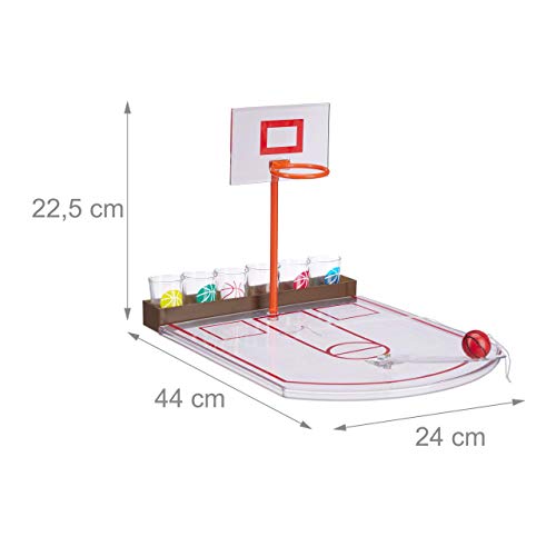 Relaxdays Juego Chupitos Baloncesto, 6 Vasos, Mini Canasta y Pelota, Plástico-Cristal, 22,5 x 24 x 44 cm, Transparente, Adultos Unisex