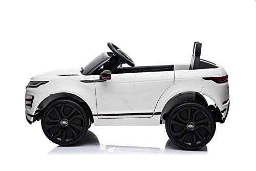 RIRICAR Eléctrico Ride-On Range Rover EVOQUE, Blanco, Reproductor de MP3 con Entrada USB, Unidad 4x4, batería 12V10Ah, Ruedas EVA, Arranque con Llave, Control Remoto Bluetooth 2.4 GHz, con Licencia