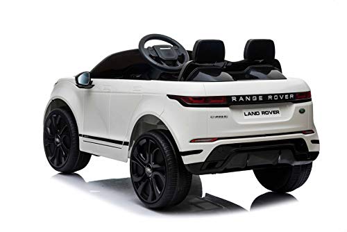 RIRICAR Eléctrico Ride-On Range Rover EVOQUE, Blanco, Reproductor de MP3 con Entrada USB, Unidad 4x4, batería 12V10Ah, Ruedas EVA, Arranque con Llave, Control Remoto Bluetooth 2.4 GHz, con Licencia