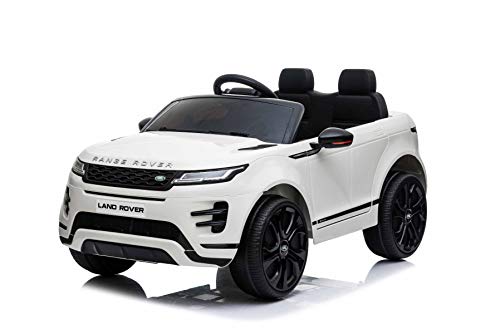 RIRICAR Eléctrico Ride-On Range Rover EVOQUE, Blanco, Reproductor de MP3 con Entrada USB, Unidad 4x4, batería 12V10Ah, Ruedas EVA, Arranque con Llave, Control Remoto Bluetooth 2.4 GHz, con Licencia