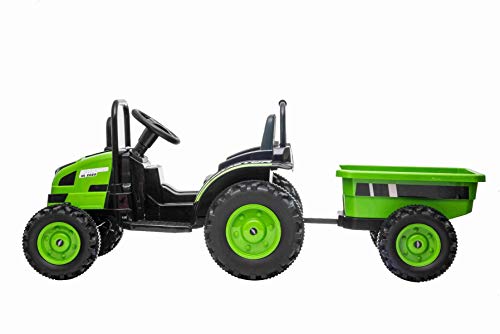 RIRICAR Tractor eléctrico Power con Remolque, Verde, tracción Trasera, batería de 12 V, Ruedas de plástico, Asiento Ancho, Control Remoto de 2,4 GHz, Reproductor de MP3 con USB