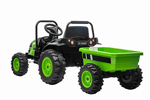 RIRICAR Tractor eléctrico Power con Remolque, Verde, tracción Trasera, batería de 12 V, Ruedas de plástico, Asiento Ancho, Control Remoto de 2,4 GHz, Reproductor de MP3 con USB