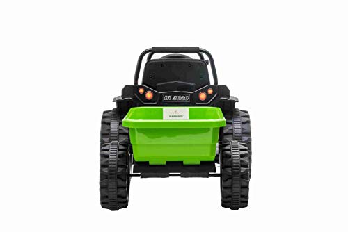 RIRICAR Tractor eléctrico Power con Remolque, Verde, tracción Trasera, batería de 12 V, Ruedas de plástico, Asiento Ancho, Control Remoto de 2,4 GHz, Reproductor de MP3 con USB