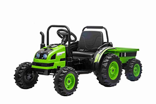 RIRICAR Tractor eléctrico Power con Remolque, Verde, tracción Trasera, batería de 12 V, Ruedas de plástico, Asiento Ancho, Control Remoto de 2,4 GHz, Reproductor de MP3 con USB