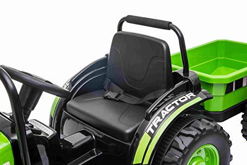 RIRICAR Tractor eléctrico Power con Remolque, Verde, tracción Trasera, batería de 12 V, Ruedas de plástico, Asiento Ancho, Control Remoto de 2,4 GHz, Reproductor de MP3 con USB