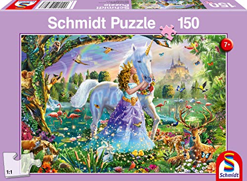 Schmidt Spiele- Puzzle Infantil de Princesa con Unicornio y candado, 150 Piezas, Color carbón (56307)