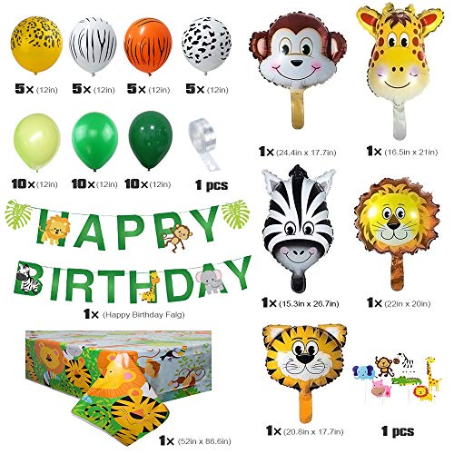 Selva Decoración Cumpleaños Niño, Selva Globos de Cumpleaños Fiesta Safari Decoracion Cumpleaños Feliz con Animale Globo Cake Toppers Fiesta Selva Globo para Niño Cumpleaños Baby Shower Decoración