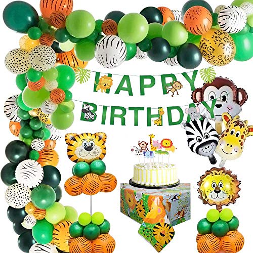 Selva Decoración Cumpleaños Niño, Selva Globos de Cumpleaños Fiesta Safari Decoracion Cumpleaños Feliz con Animale Globo Cake Toppers Fiesta Selva Globo para Niño Cumpleaños Baby Shower Decoración