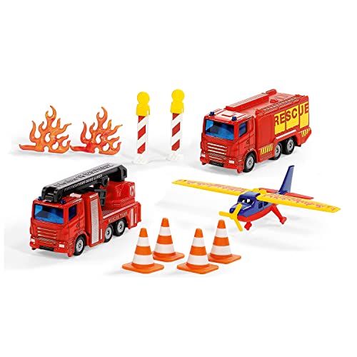 siku 6330, Juego de regalo de bomberos, Camión con plataforma de rescate aéreo, Camión de bomberos, Avión, Piezas móviles, Incluye Incluyendo pilones, conos y llamas