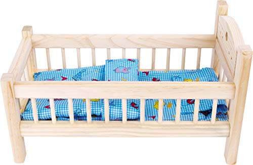 Small Foot Company 9601 - Cama pequeña de muñeca, a juego con la ropa de cama (sábanas de colores surtidos, la elección del diseño no es gratuito)