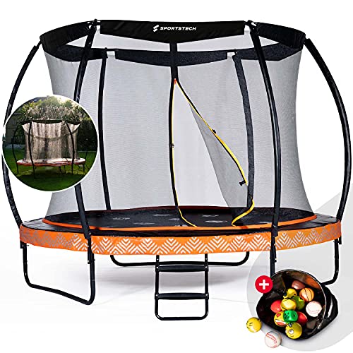 Sportstech Cama Elástica HTX500 | con aspersor de Agua de 360° + Bolas Multicolor | Juegos de Exterior - Trampolín para jardín - hasta 100/120 kg + Red de Seguridad | Ø 244/305 cm para niños